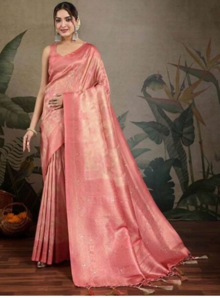 Onion Pink Hand Aari Work Silk Saree With Blouse Piece