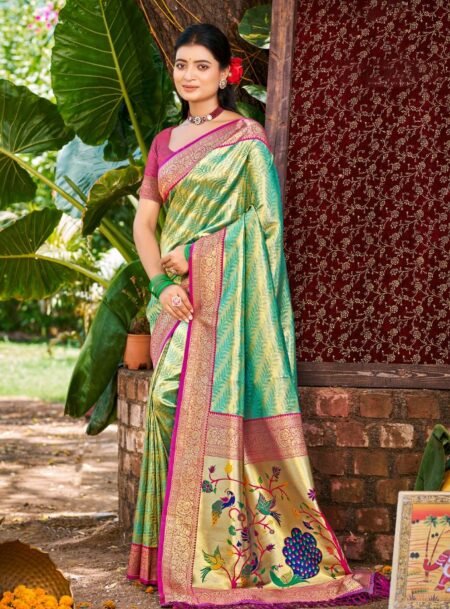 Sea Green Kanjivaram Silk Saree With Blouse Piece