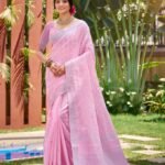 Pink Linen Cotton Saree With Blouse Piece