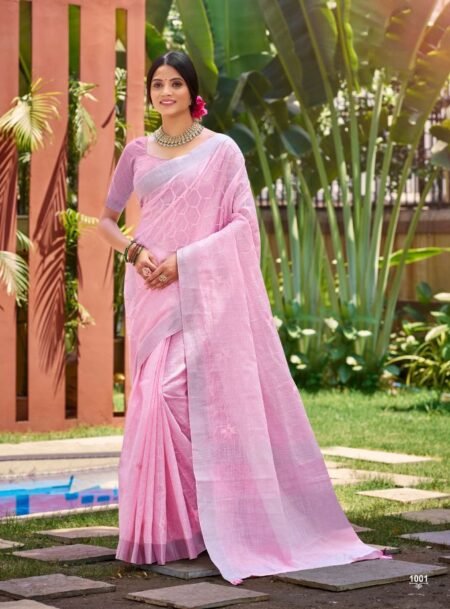Pink Linen Cotton Saree With Blouse Piece