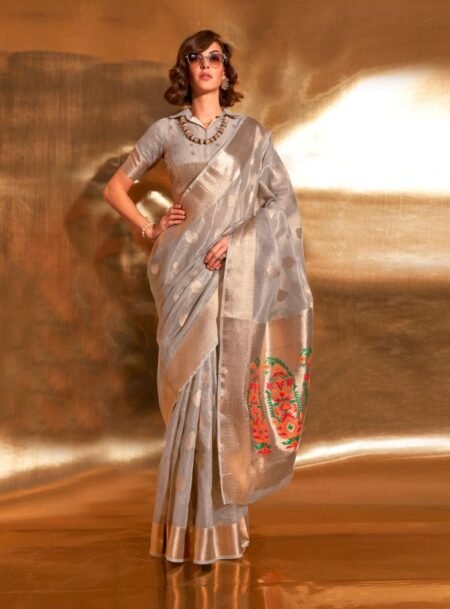 Grey Paithani  Zari Tissue Saree With Blouse Piece