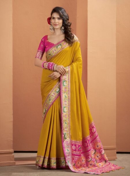 Mustard Yellow Patola Silk Saree With Blouse Piece