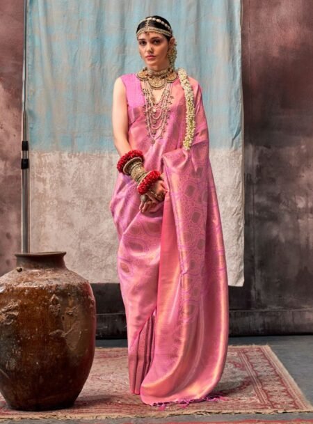 Pink Handloom Weaving Kanjivaram Silk Saree With Blouse Piece