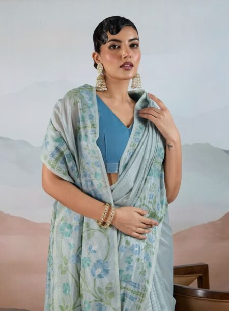 Sky Blue Handloom Zari Tissue - Brasso Weaving Saree With Blouse Piece