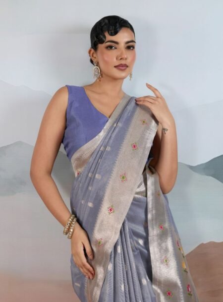 Pigeon Zari Tissue Handloom Weaving Paithani Saree With Blouse Piece
