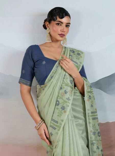 Sea Green Handloom Zari Tissue - Brasso Weaving Saree With Blouse Piece