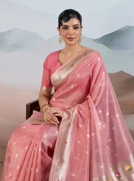 Pink Zari Tissue Handloom Weaving Paithani Saree With Blouse Piece