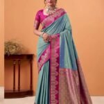 Sky Blue Banarasi Satin Silk Saree With Blouse Piece