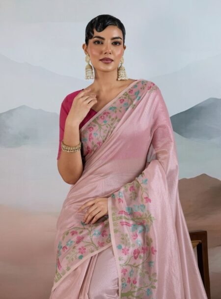 Dusty Pink Handloom Zari Tissue - Brasso Weaving Saree With Blouse Piece