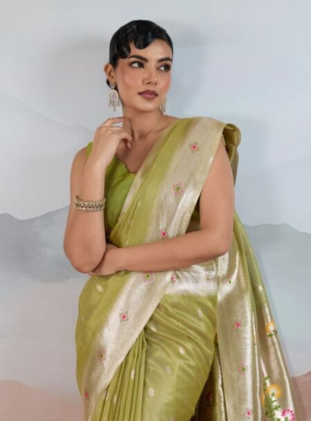 Mehandi Zari Tissue Handloom Weaving Paithani Saree With Blouse Piece