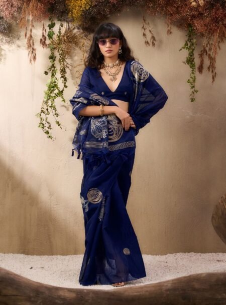 Navy Blue Pure Muga Handloom Weaving Silk Saree With Blouse Piece