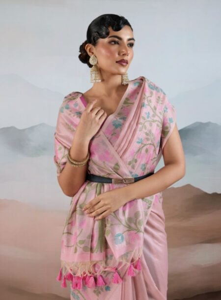 Baby Pink Handloom Zari Tissue - Brasso Weaving Saree With Blouse Piece