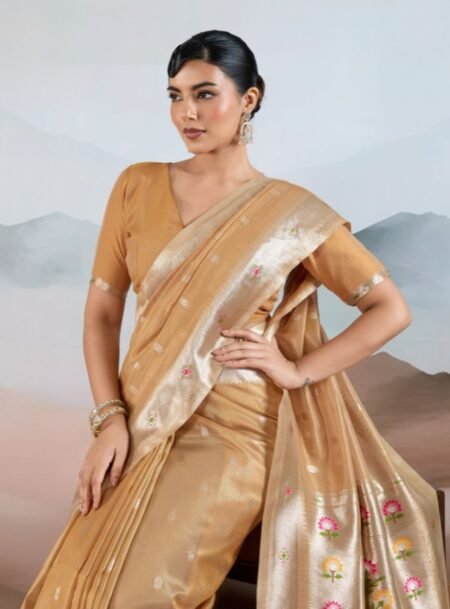 Honey Zari Tissue Handloom Weaving Paithani Saree With Blouse Piece