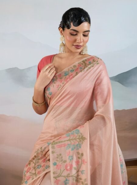Peach Pink Handloom Zari Tissue - Brasso Weaving Saree With Blouse Piece