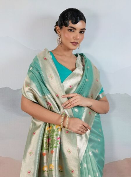 Teal Zari Tissue Handloom Weaving Paithani Saree With Blouse Piece