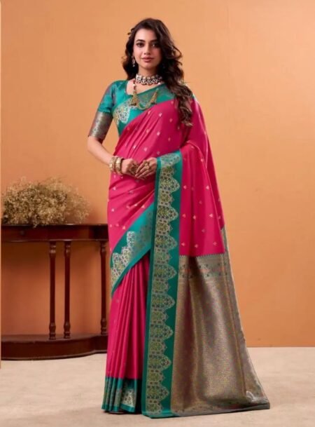 Raspberry Pink Banarasi Satin Silk Saree With Blouse Piece