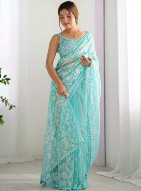 Sky Blue Fancy Mono Net Sequins Saree With Blouse Piece