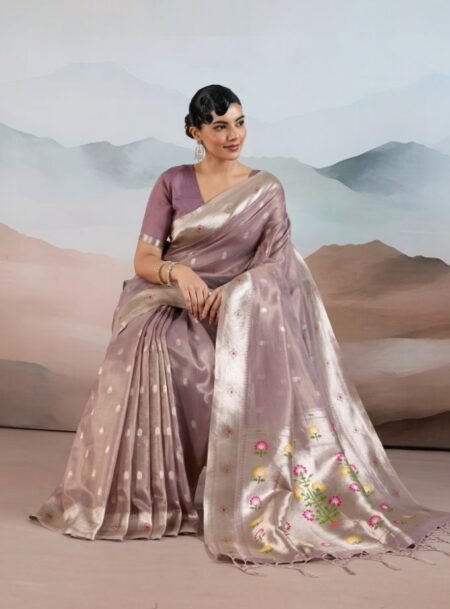 Brown Zari Tissue Handloom Weaving Paithani Saree With Blouse Piece