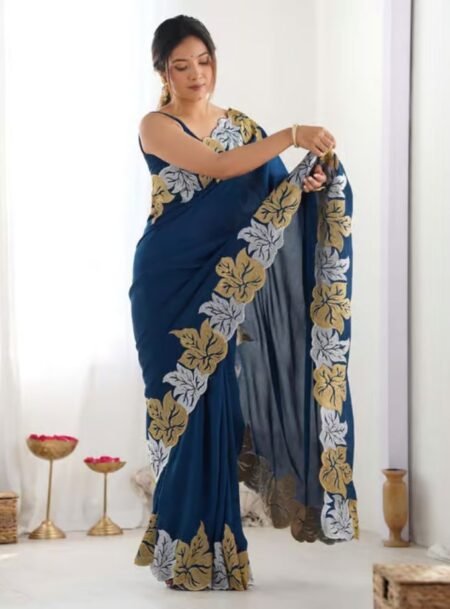 Blue Vichitra Silk With Embroidery Work With Cut Work Saree With Blouse Piece