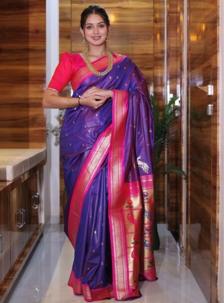 Blue Paithani Soft Silk With Beautiful Peacock Rich Pallu Saree With Blouse Piece
