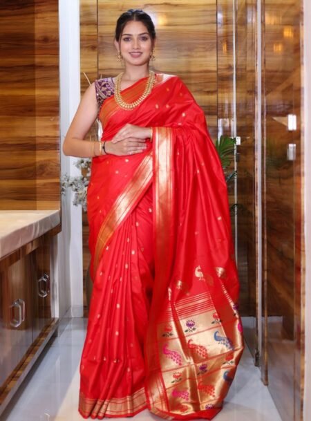Red Paithani Soft Silk With Beautiful Peacock Rich Pallu Saree With Blouse Piece
