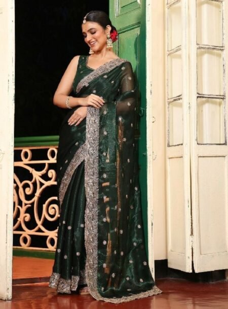 Bottal Green Fancy Embroidered Organza Saree With Blouse Piece