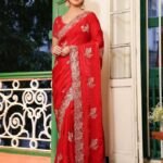 Red Fancy Embroidered Tissue Saree With Blouse Piece