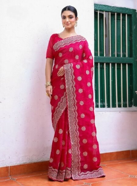 Rani Pink Fancy Embroidered Pure Chiffon Saree With Blouse Piece
