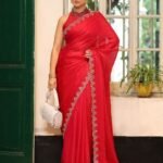Red Ethinic Motifs Beads And Stone Fancy Tissue Saree With Blouse Piece
