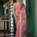 Baby Pink Fancy Embroidered Tissue Saree With Blouse Piece