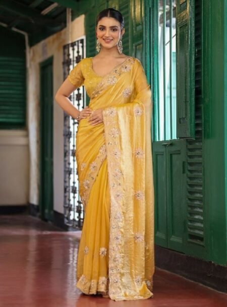 Yellow Fancy Embroidered Tissue Saree With Blouse Piece