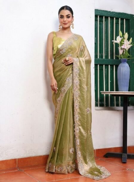 Green Fancy Embroidered Tissue Saree With Blouse Piece