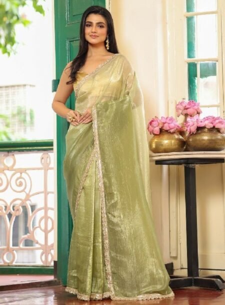 Sea Green Fancy Embroidered Pure Chiffon Saree With Blouse Piece