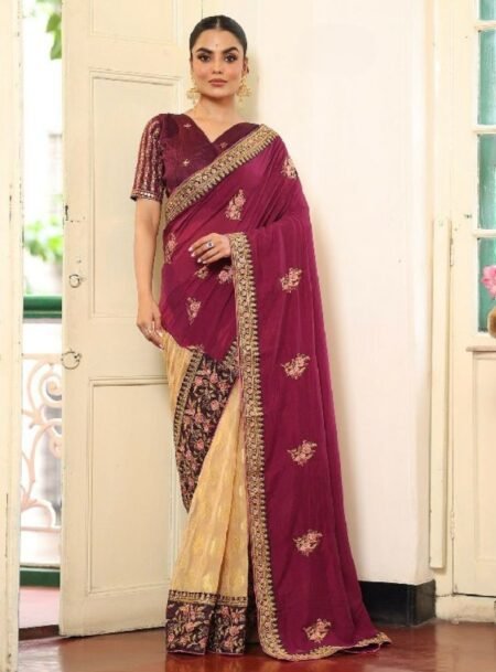 Wine Fancy Embroidered Viscose Reyon Saree With Blouse Piece