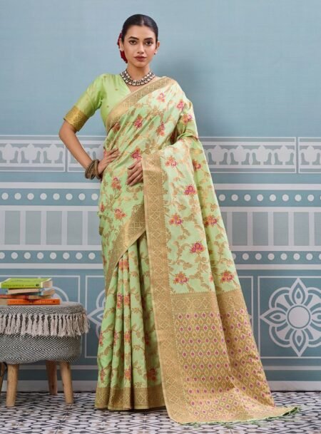 Sea Green Silk Saree With Matching Blouse Piece