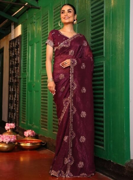 Maroon Fancy Zari Embroidered Pure Chiffon Saree With Blouse Piece