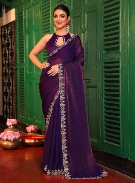 Wine Fancy Embroidered Border Tissue Saree With Blouse Piece