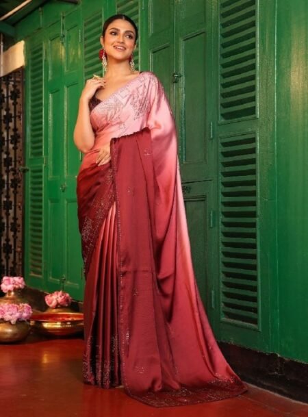 Red Beads And Stone Fancy Satin Saree With Blouse Piece