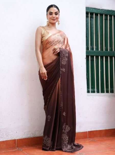 Metallic Embellished Fancy Embroidered Satin Saree With Blouse Piece