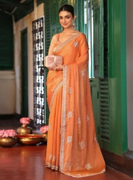 Orange Ethini Motifs Fancy Zari Embroidered Tissue Saree With Blouse Piece