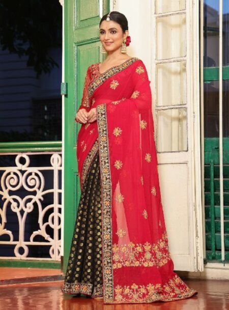 Red Fancy Embroidered Viscose Reyon Saree With Blouse Piece