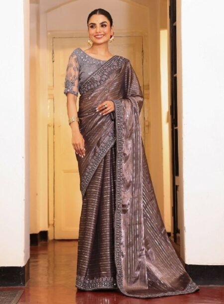 Grey Fancy Striped Zari Embroidered Tissue Saree With Blouse Piece