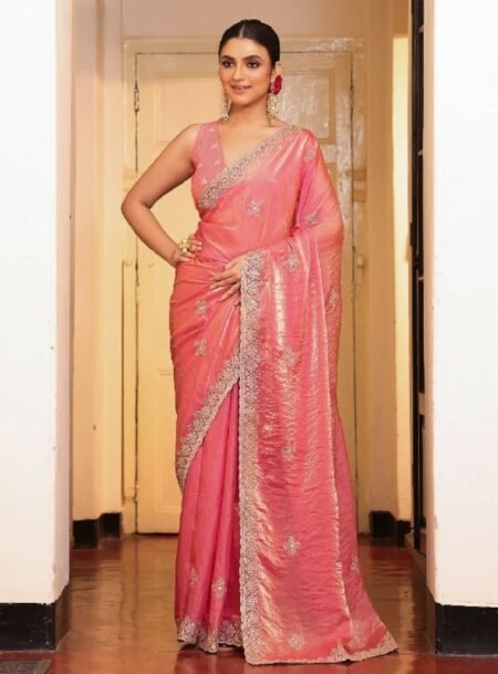 Pink Fancy Zari Embroidered Tissue Saree With Blouse Piece