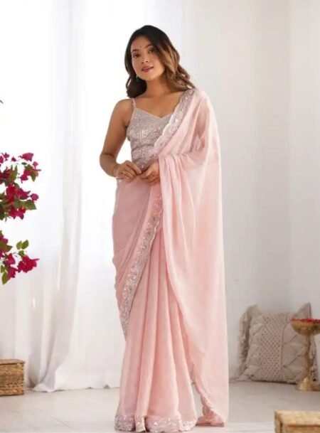 Pink Soft Chiffon With Weaving Zari Line Sequins & Embroidery Work Saree With Daimond Silk Blouse Piece