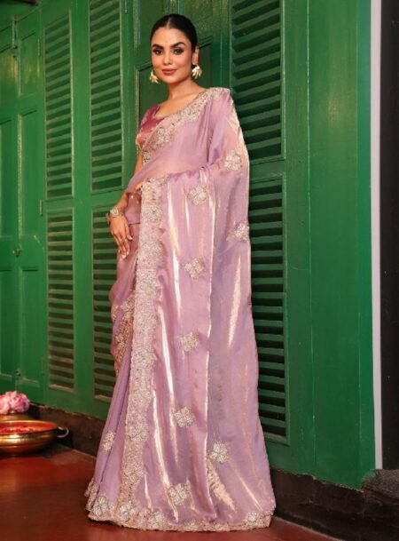 Pink Fancy Embroidered Tissue Saree With Blouse Piece
