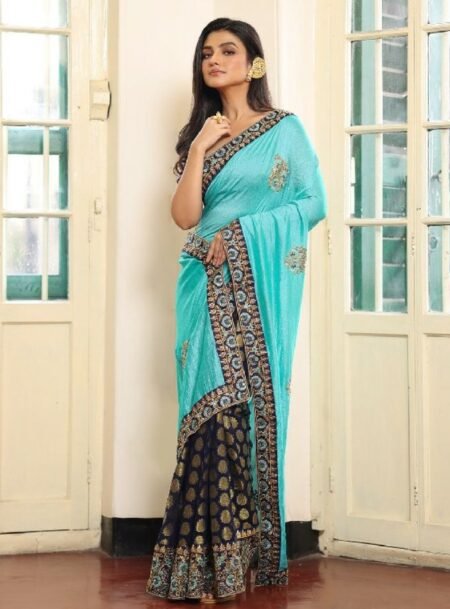 Blue Fancy Embroidered Viscose Reyon Saree With Blouse Piece