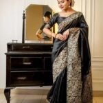 Black Kalamkari Handloom Raw Silk Saree And Rich Weaving Pallu With Blouse Piece
