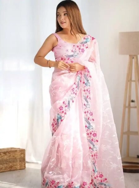 Pink Organza Seqwance work Saree With Blouse Piece
