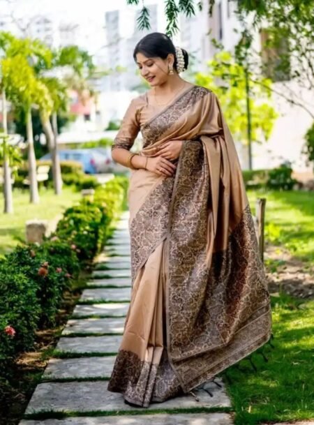 Chikku Kalamkari Handloom Raw Silk Saree And Rich Weaving Pallu With Blouse Piece