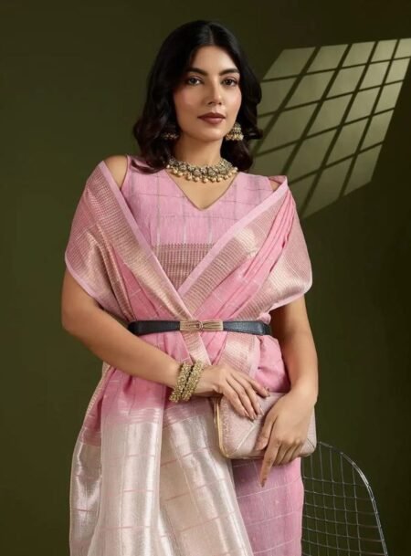 Pink Soft Tissue Linen Gota Patti Silk Saree With Blouse Piece